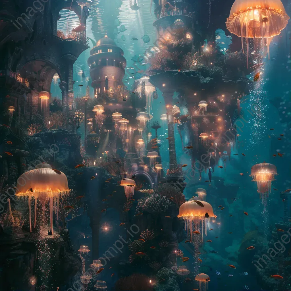 Underwater garden with glowing jellyfish, coral castles, and shimmering fish - Image 1