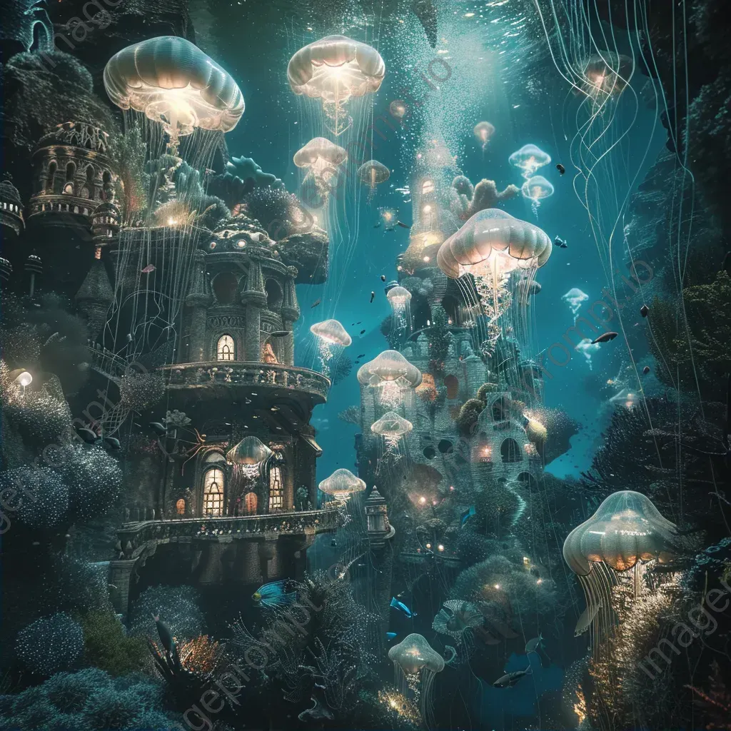 Underwater garden with glowing jellyfish, coral castles, and shimmering fish - Image 2