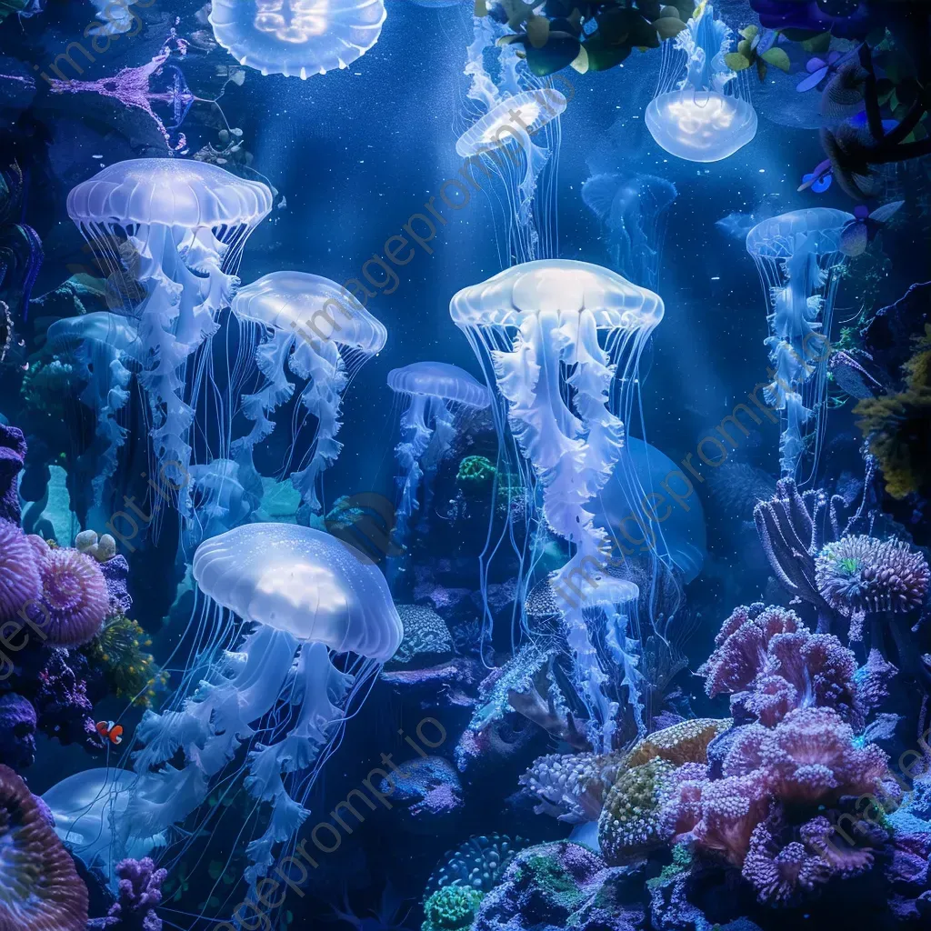 Underwater garden with glowing jellyfish, coral castles, and shimmering fish - Image 3