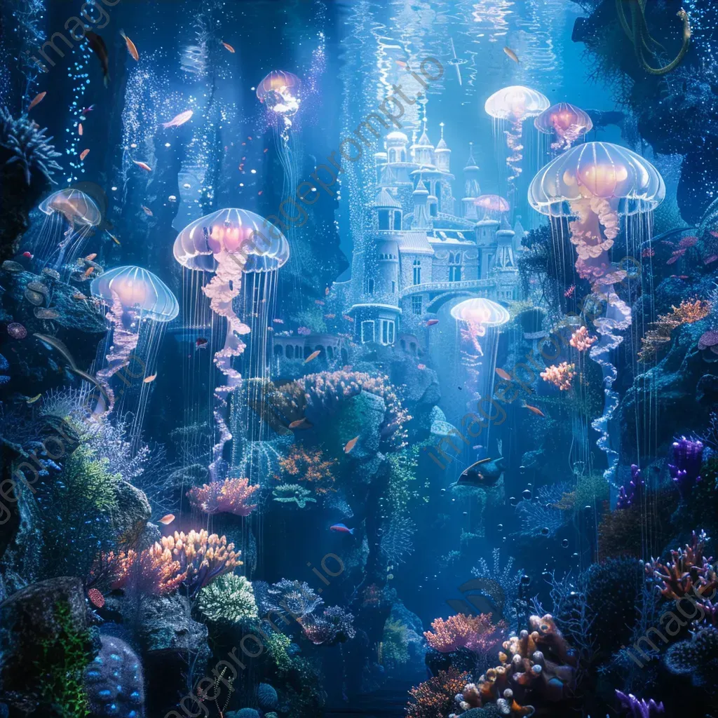 Underwater garden with glowing jellyfish, coral castles, and shimmering fish - Image 4