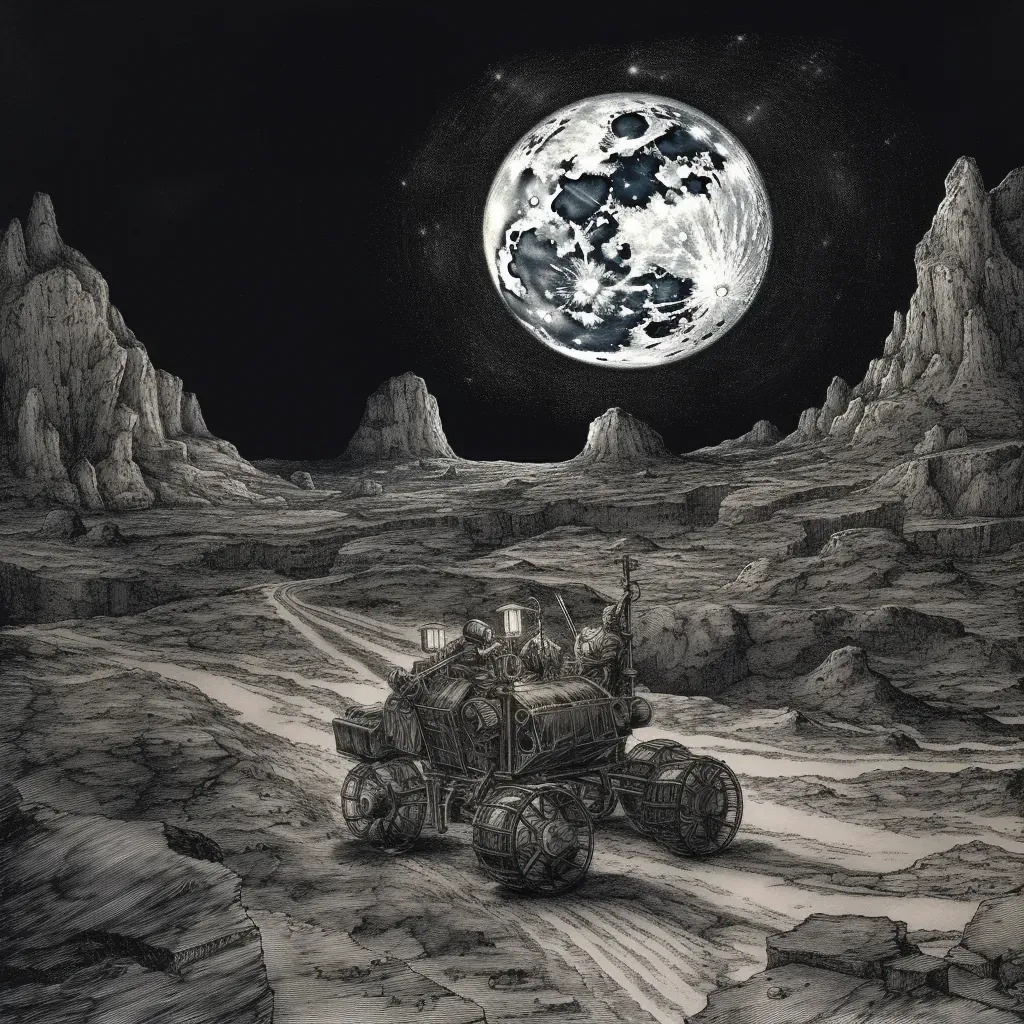 Lunar rover exploring the rugged terrain of the moon with Earth visible in the sky above - Image 1