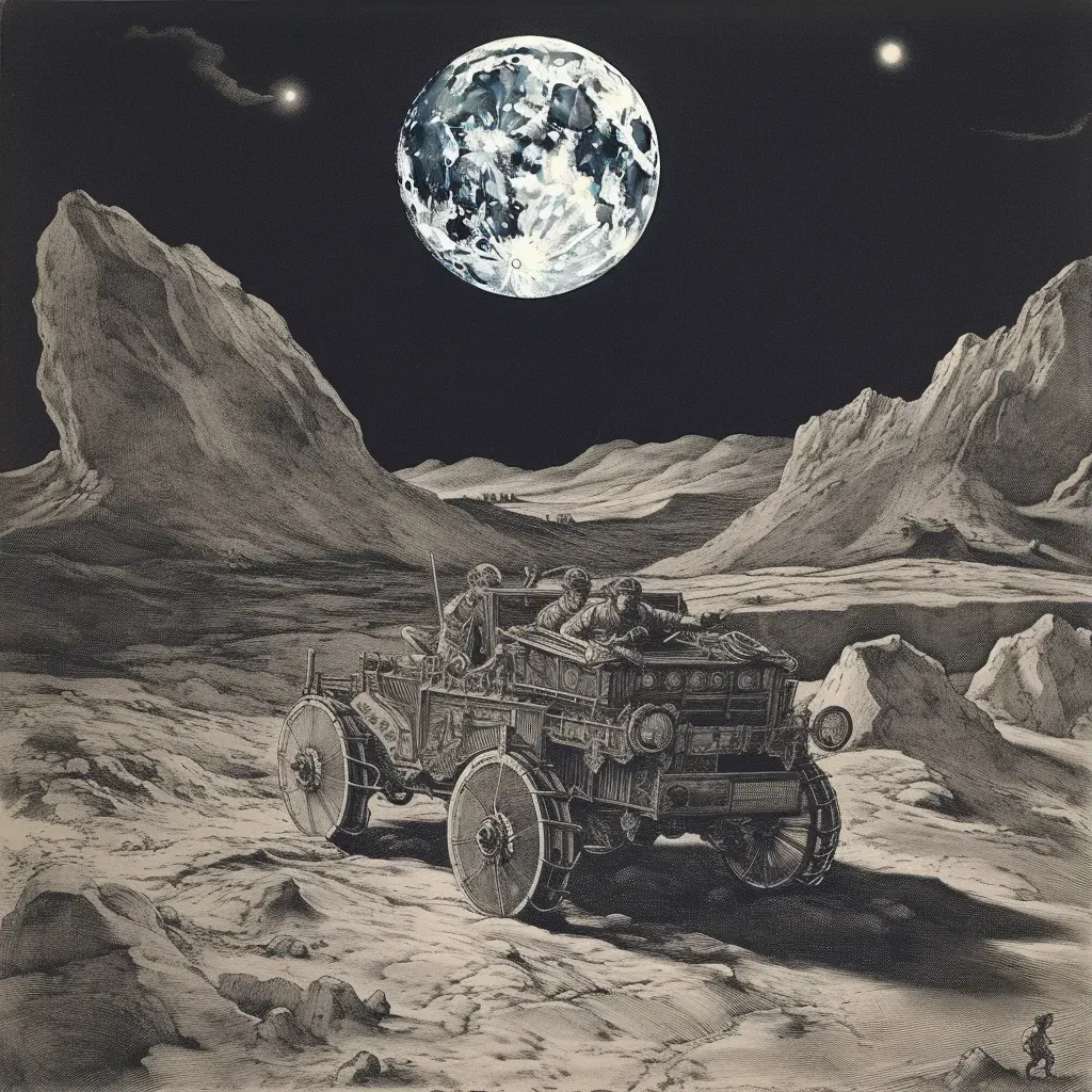 Lunar rover exploring the rugged terrain of the moon with Earth visible in the sky above - Image 3