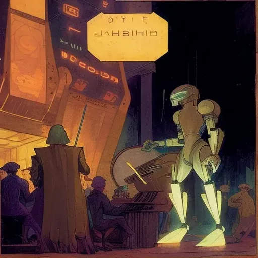 Image of a 1930s jazz club with robot musicians in a neon-lit futuristic city - Image 1