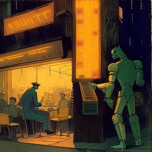 1930s Jazz Club with Robot Musicians in Neon-Lit Futuristic City