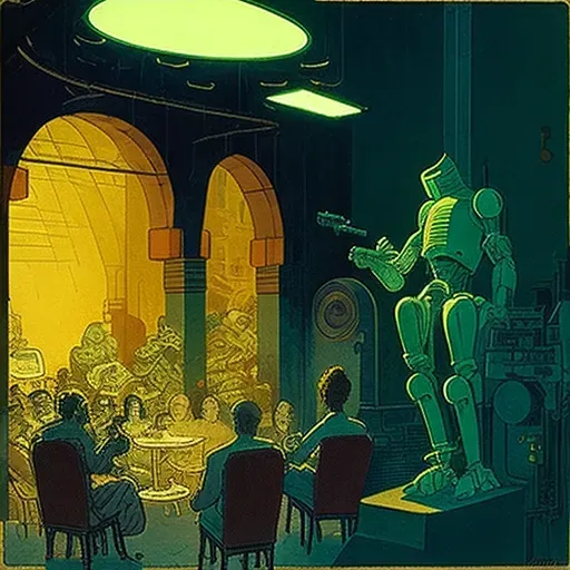 Image of a 1930s jazz club with robot musicians in a neon-lit futuristic city - Image 4