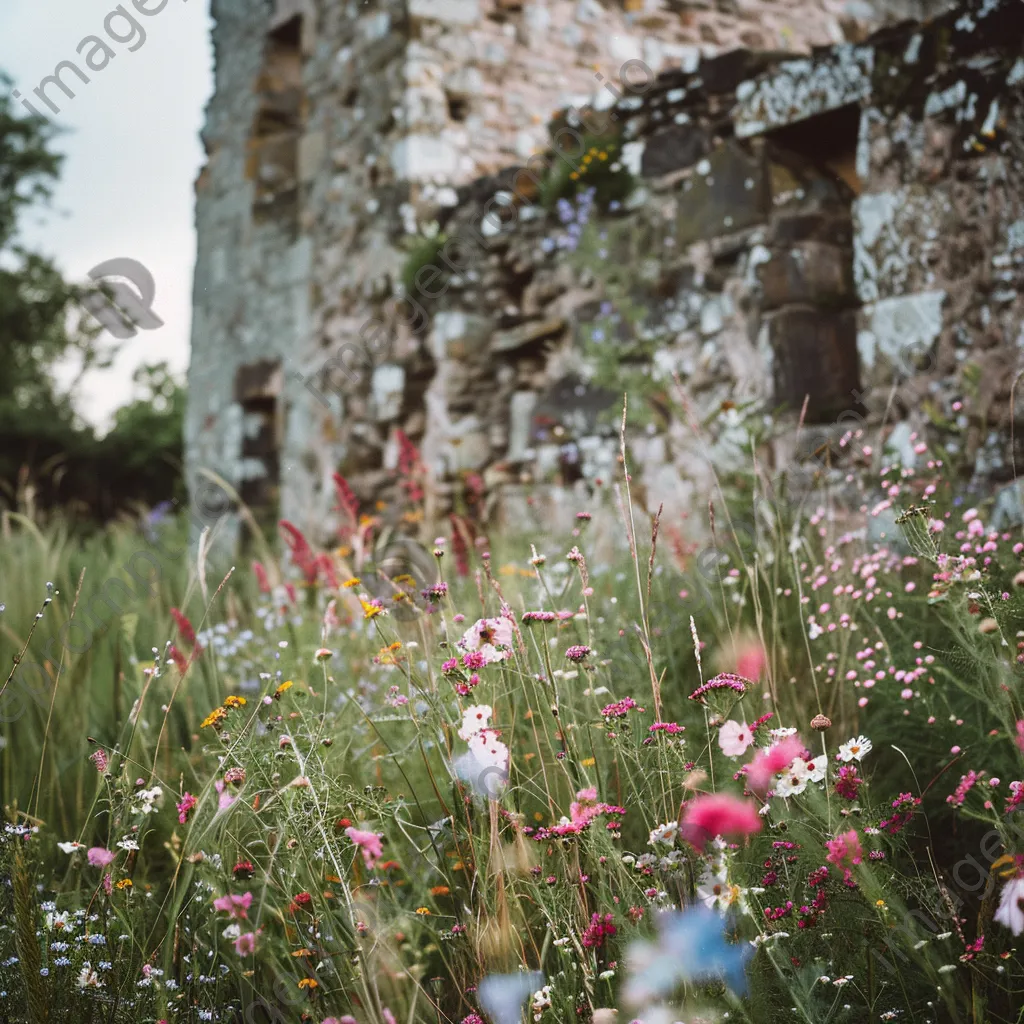 Ancient castle ruins with blooming wildflowers - Image 1