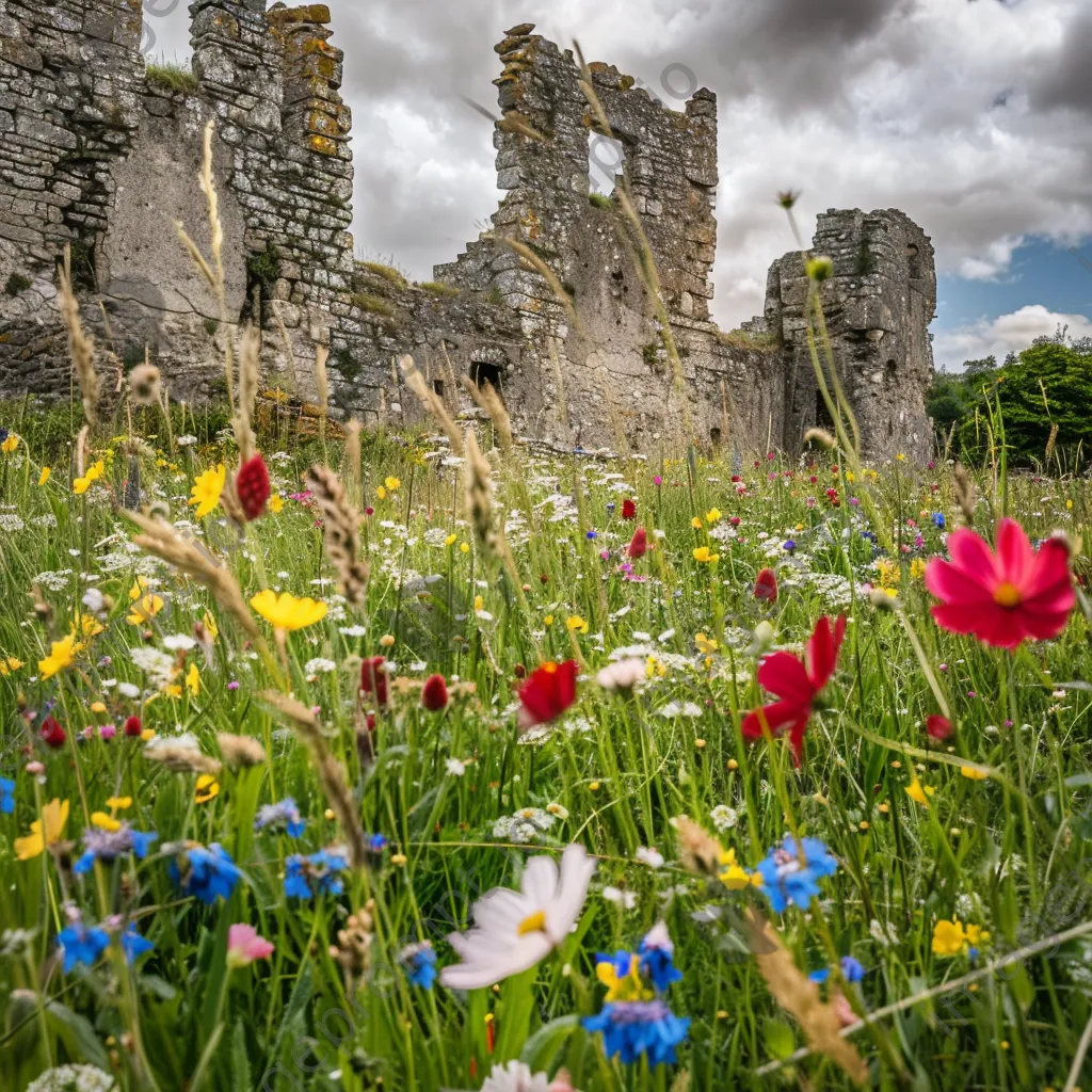 Ancient castle ruins with blooming wildflowers - Image 2