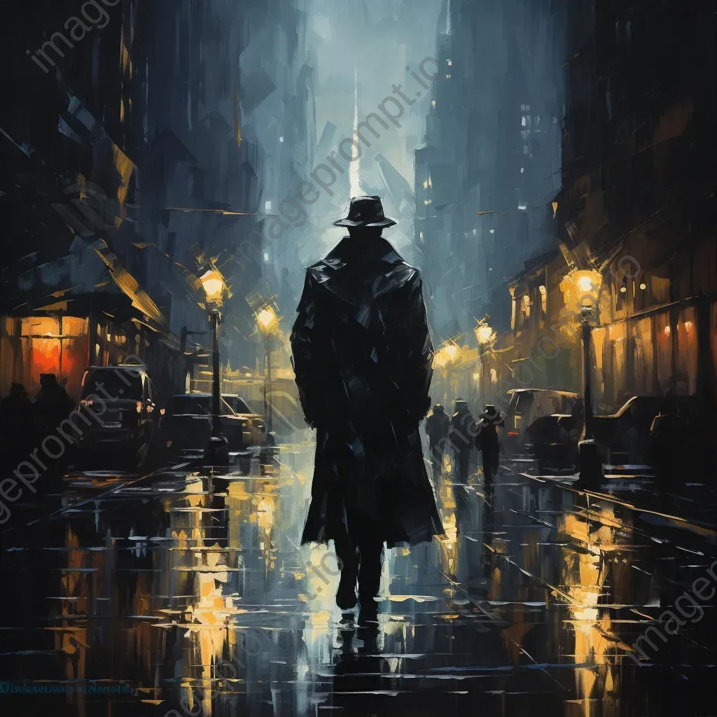 Shadowy figure under the rain in a dystopian city in noir style - Image 1