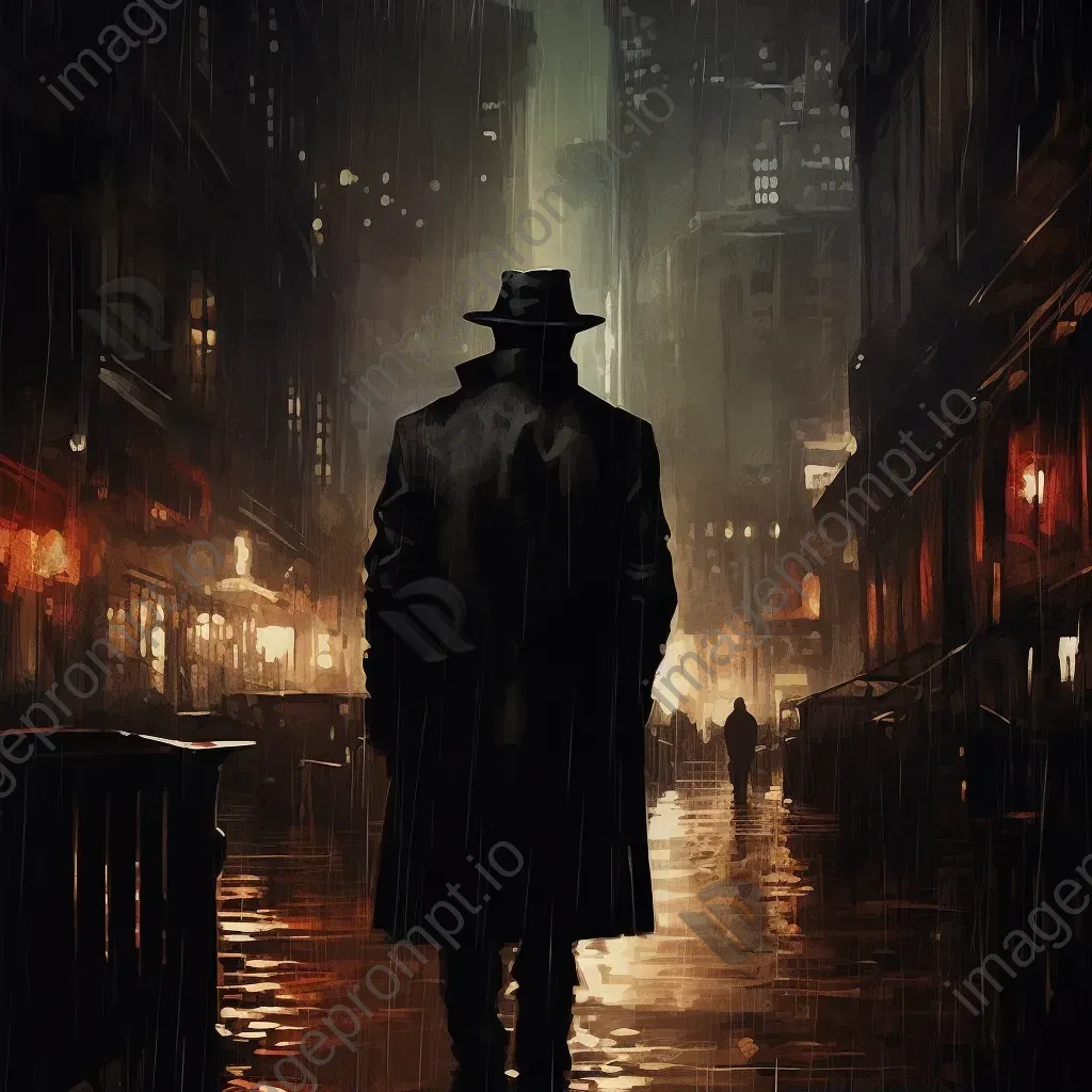 Shadowy figure under the rain in a dystopian city in noir style - Image 2