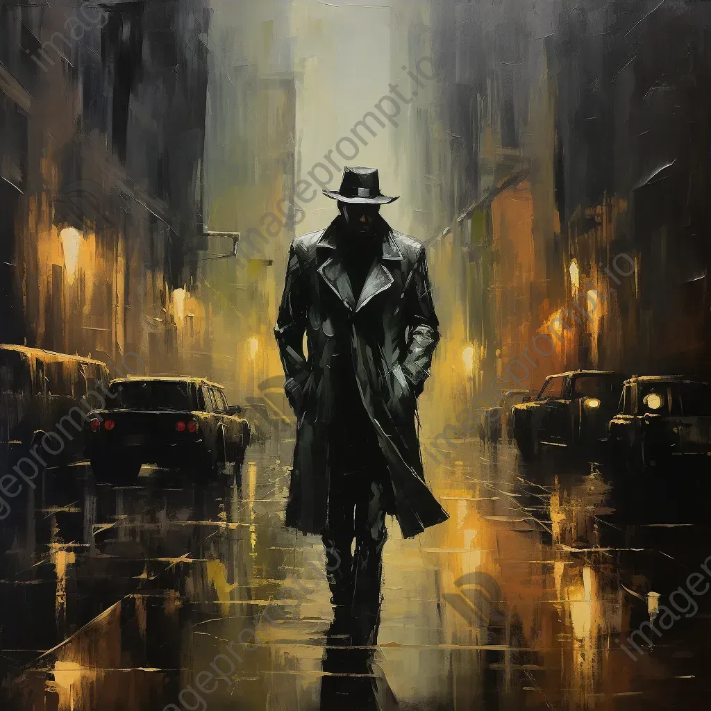 Shadowy figure under the rain in a dystopian city in noir style - Image 3