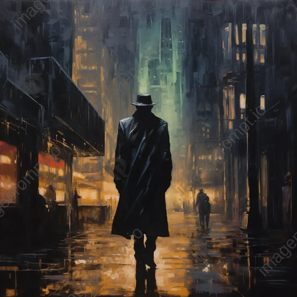 Shadowy figure under the rain in a dystopian city in noir style - Image 4