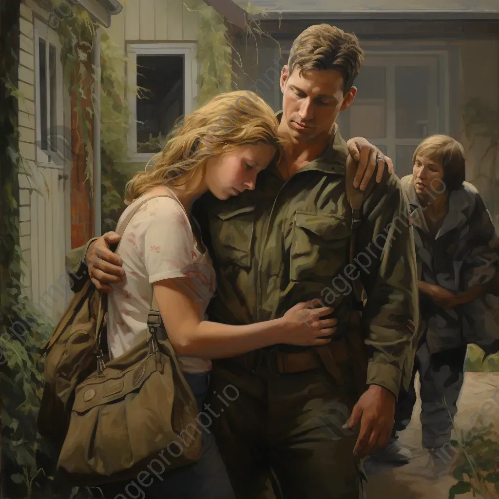 Realist style scene of a soldier returning home and an emotional family reunion - Image 2