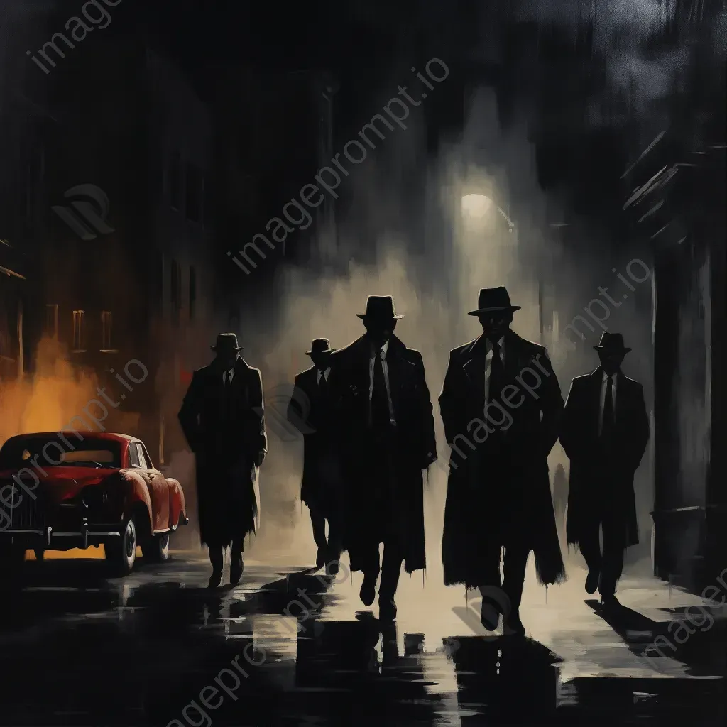 Atmospheric noir streetscape oil painting with silhouettes of iconic detectives and villains - Image 1