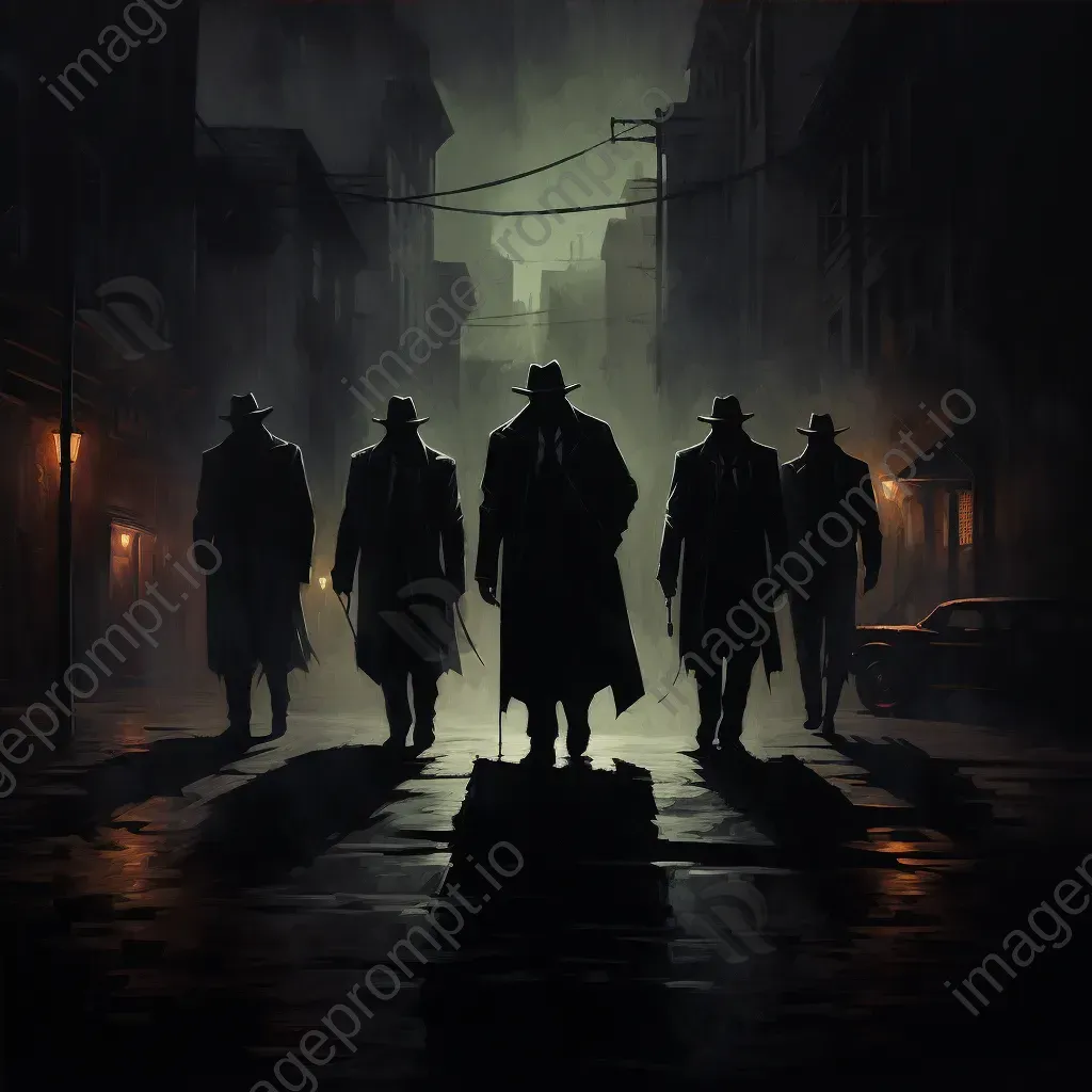 Atmospheric noir streetscape oil painting with silhouettes of iconic detectives and villains - Image 4