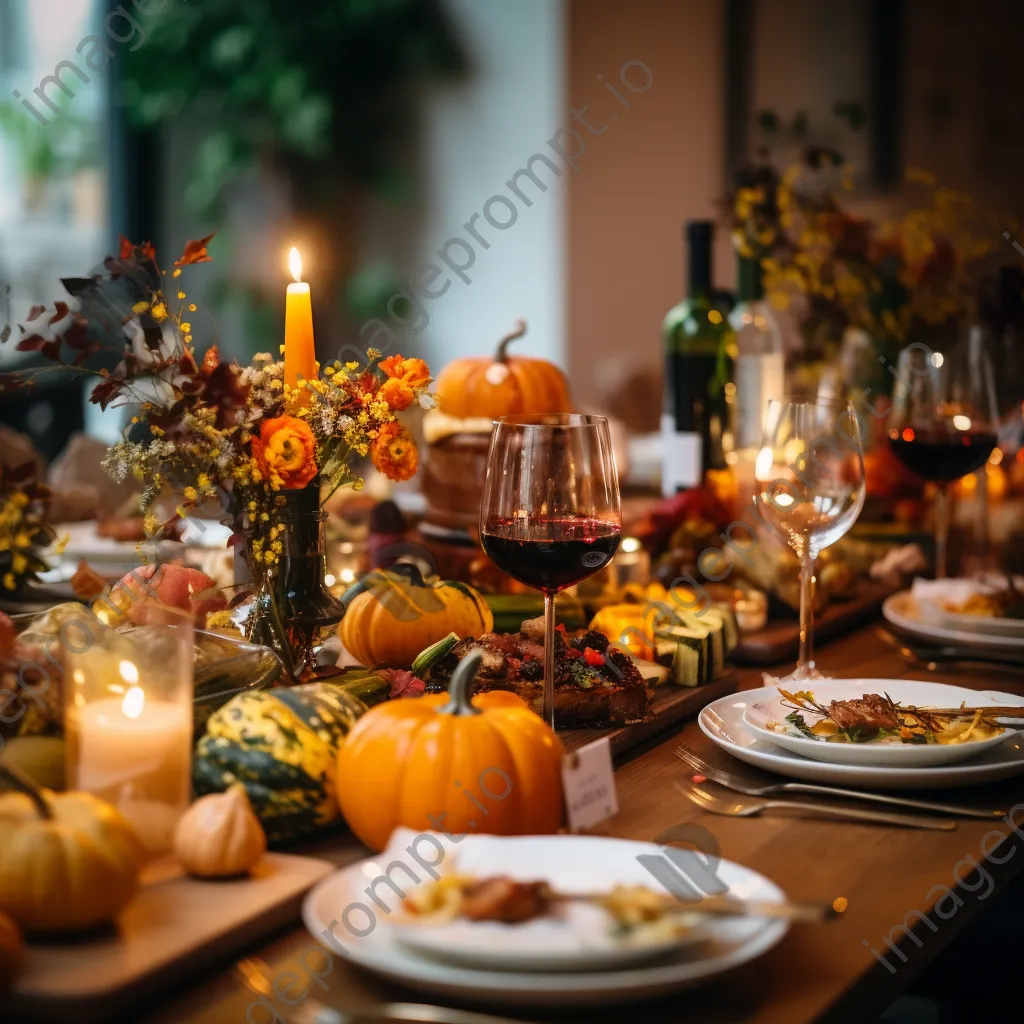 A beautifully set Thanksgiving dinner table with autumn decorations. - Image 1