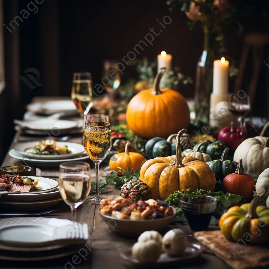 A beautifully set Thanksgiving dinner table with autumn decorations. - Image 2