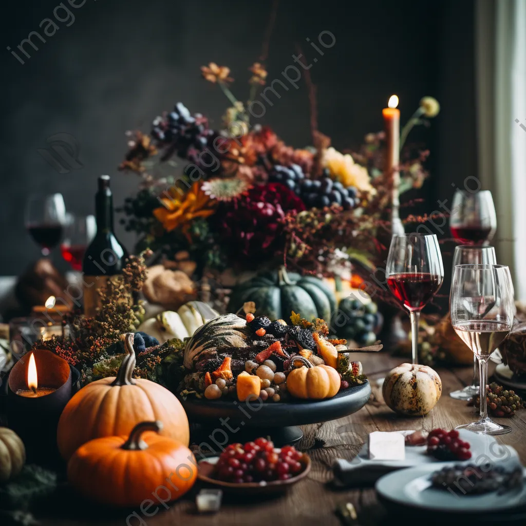 A beautifully set Thanksgiving dinner table with autumn decorations. - Image 4