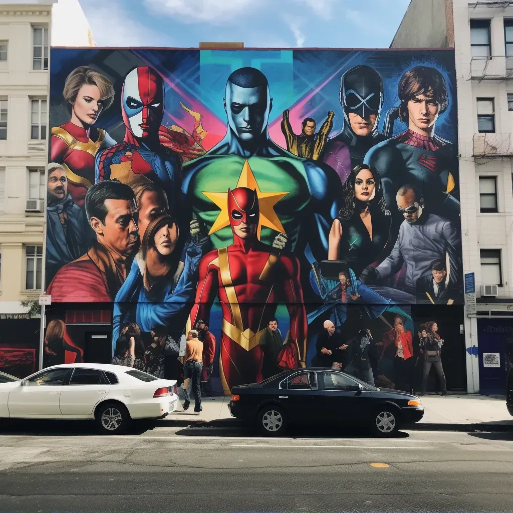 Street mural featuring iconic movie heroes in a blend of classic cinema and modern superhero lore - Image 1