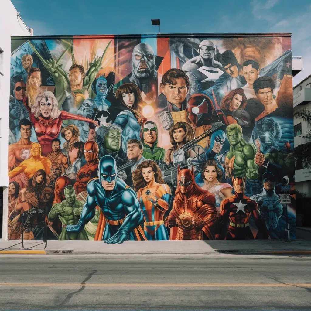 Street mural featuring iconic movie heroes in a blend of classic cinema and modern superhero lore - Image 2