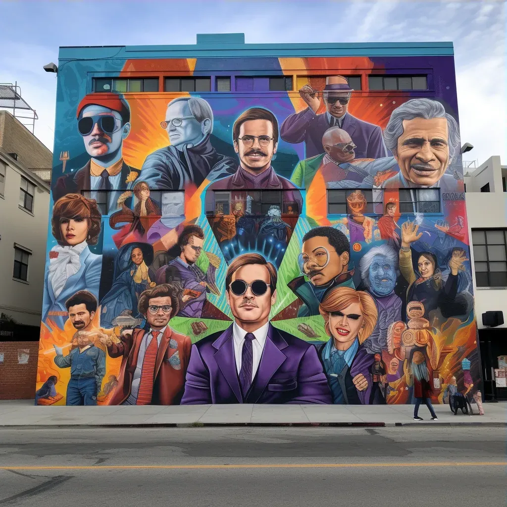 Street mural featuring iconic movie heroes in a blend of classic cinema and modern superhero lore - Image 3