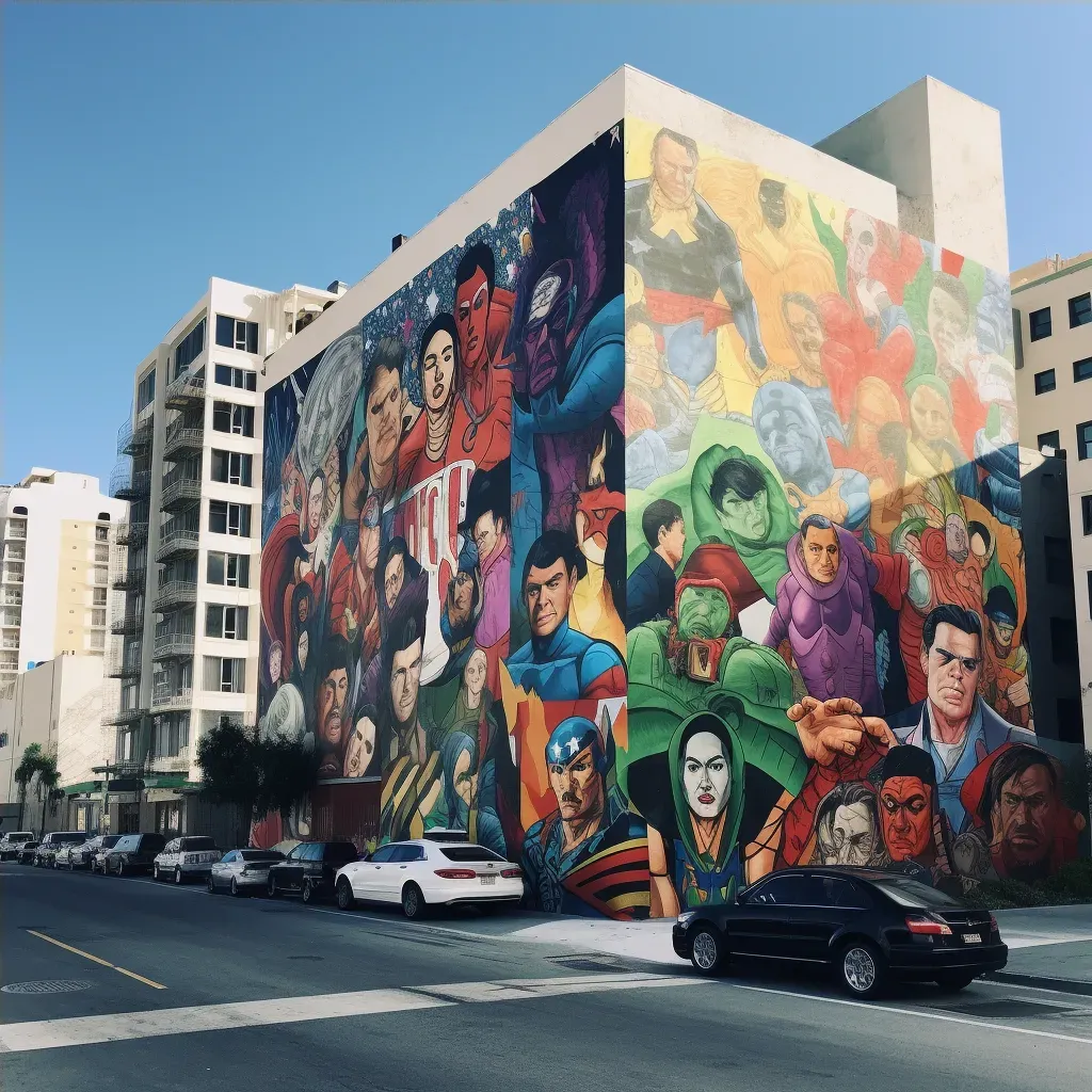 Street mural featuring iconic movie heroes in a blend of classic cinema and modern superhero lore - Image 4