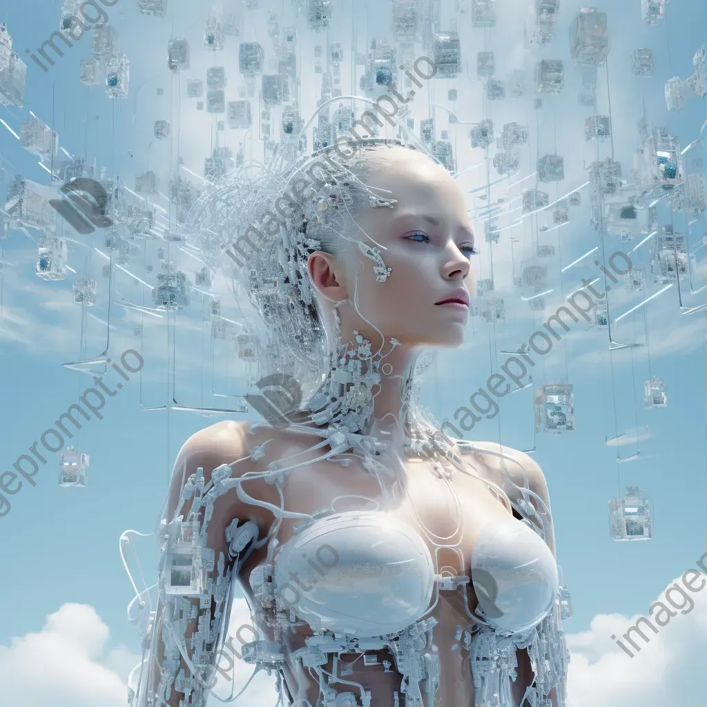 Artwork illustrating the concept of cybernetic reincarnation, with morphing pixel clouds and memory shards represented using personal data - Image 1