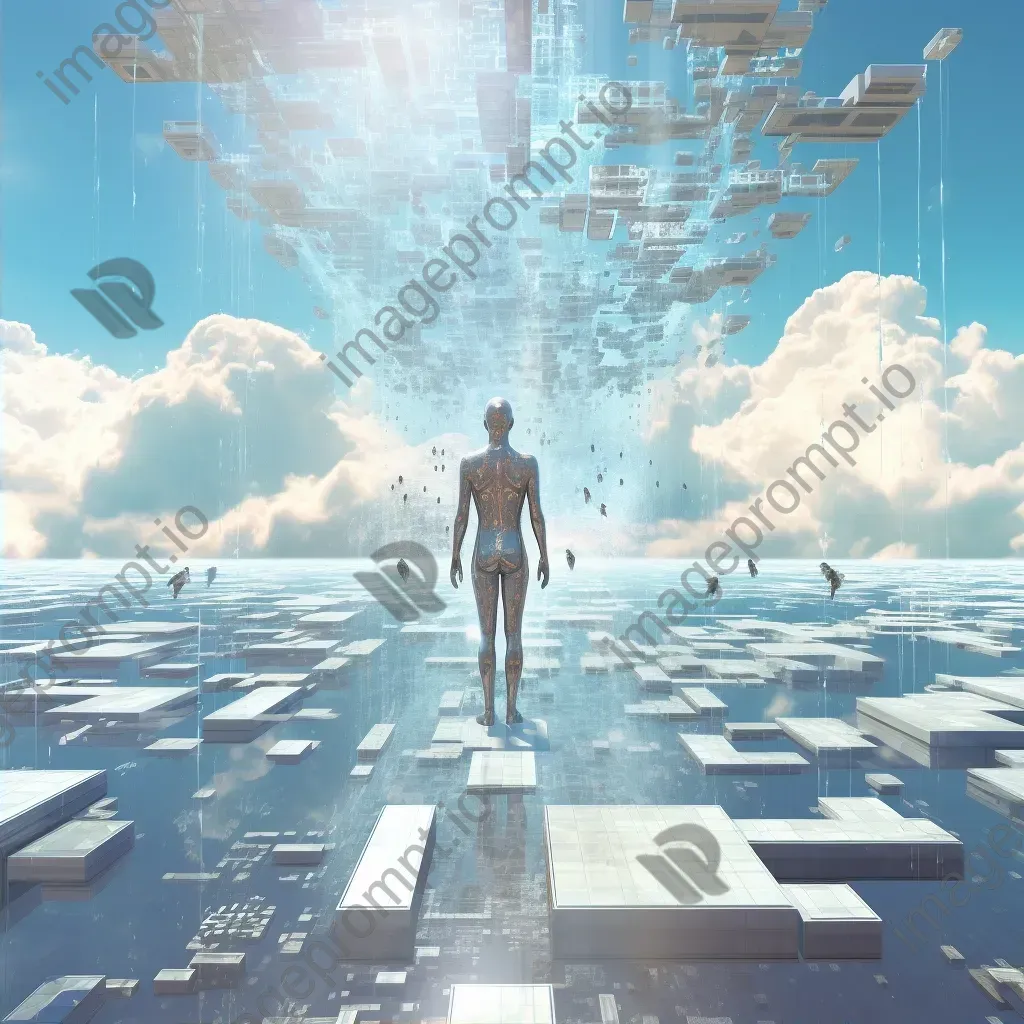 Artwork illustrating the concept of cybernetic reincarnation, with morphing pixel clouds and memory shards represented using personal data - Image 2