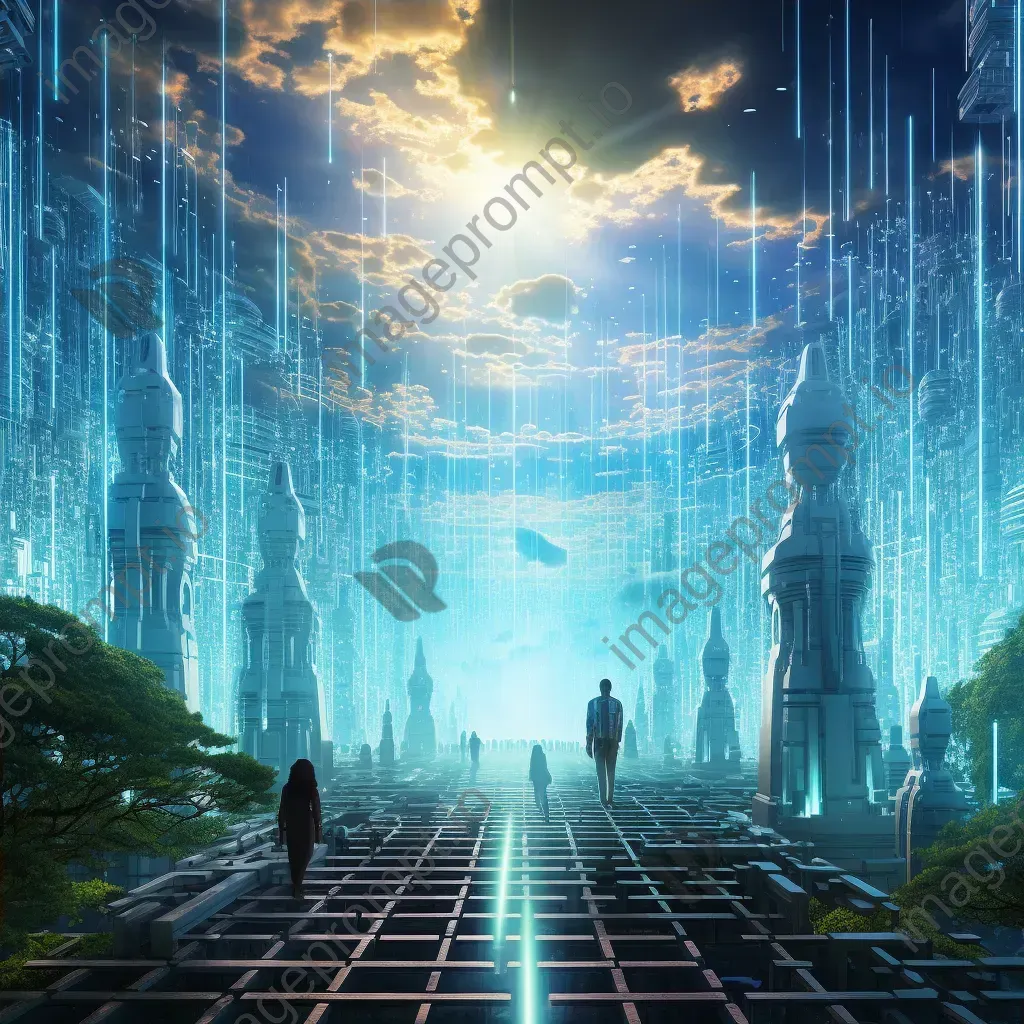 Artwork illustrating the concept of cybernetic reincarnation, with morphing pixel clouds and memory shards represented using personal data - Image 4