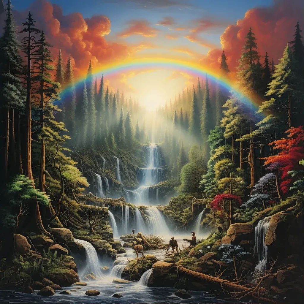 Tranquil waterfall in a lush forest with a rainbow in the mist - Image 1