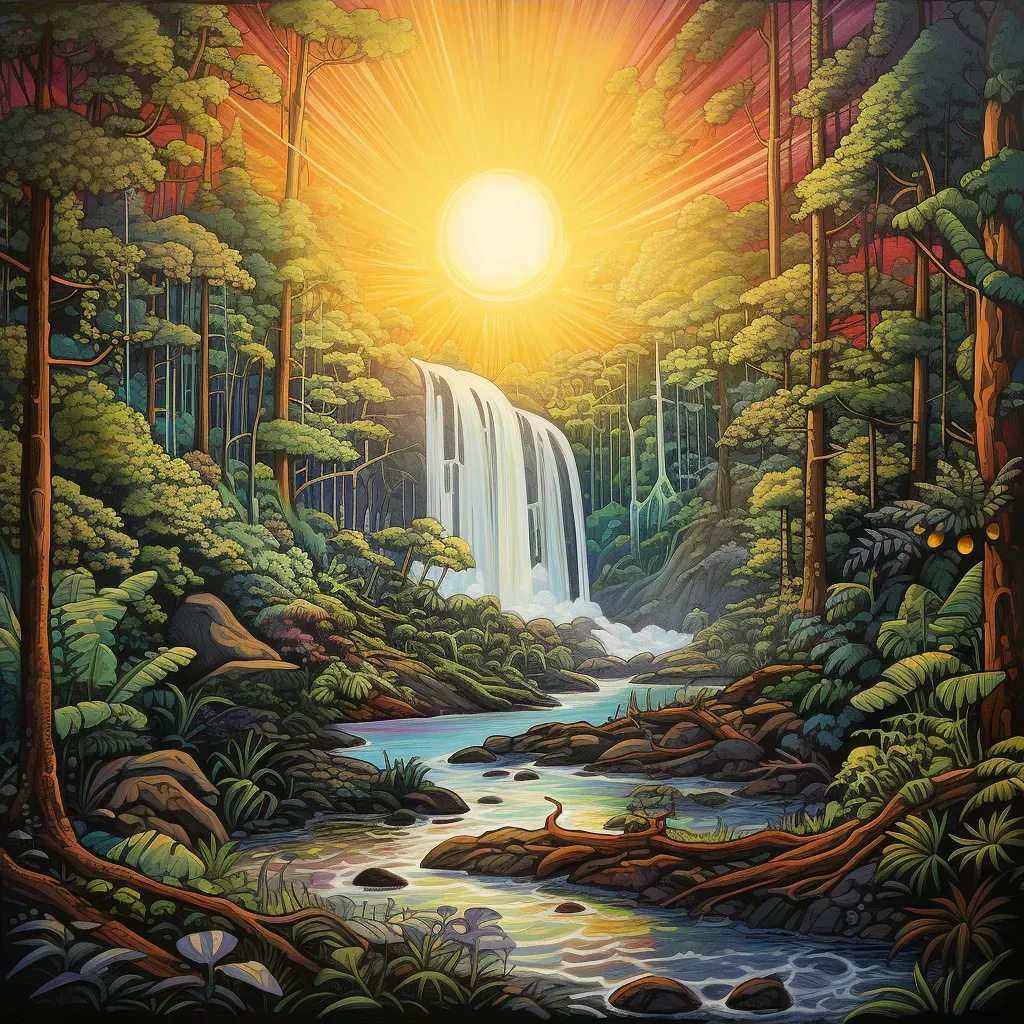 Tranquil waterfall in a lush forest with a rainbow in the mist - Image 4