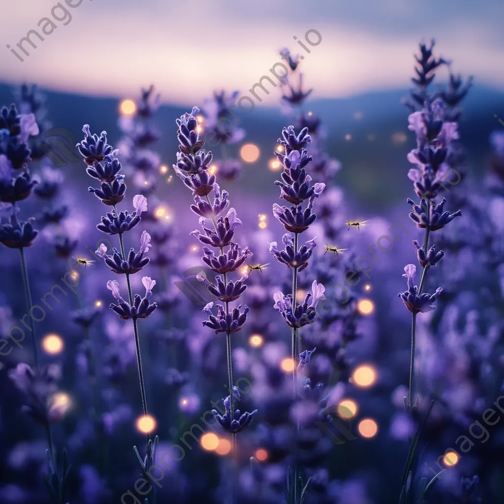 Lavender garden at dusk with glowing fireflies. - Image 1