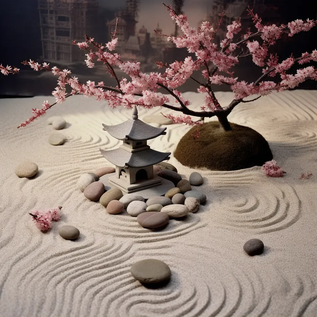 Image of a Zen garden with a small stone pagoda and fallen cherry blossom petals - Image 1