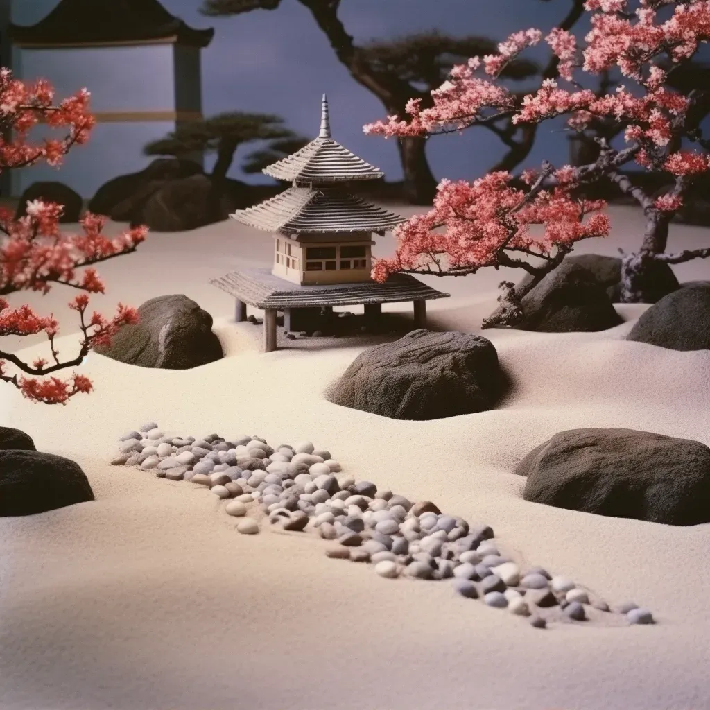 Image of a Zen garden with a small stone pagoda and fallen cherry blossom petals - Image 2