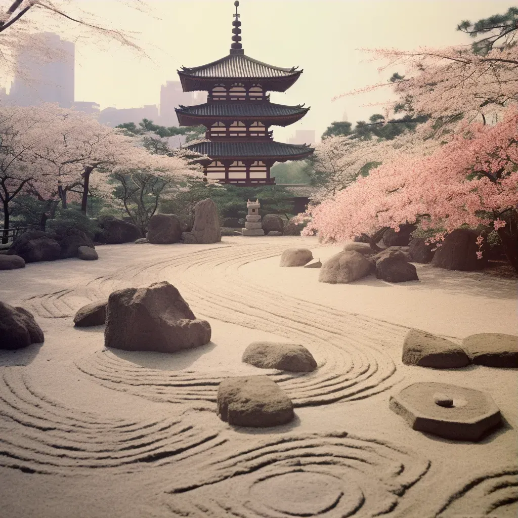 Image of a Zen garden with a small stone pagoda and fallen cherry blossom petals - Image 3