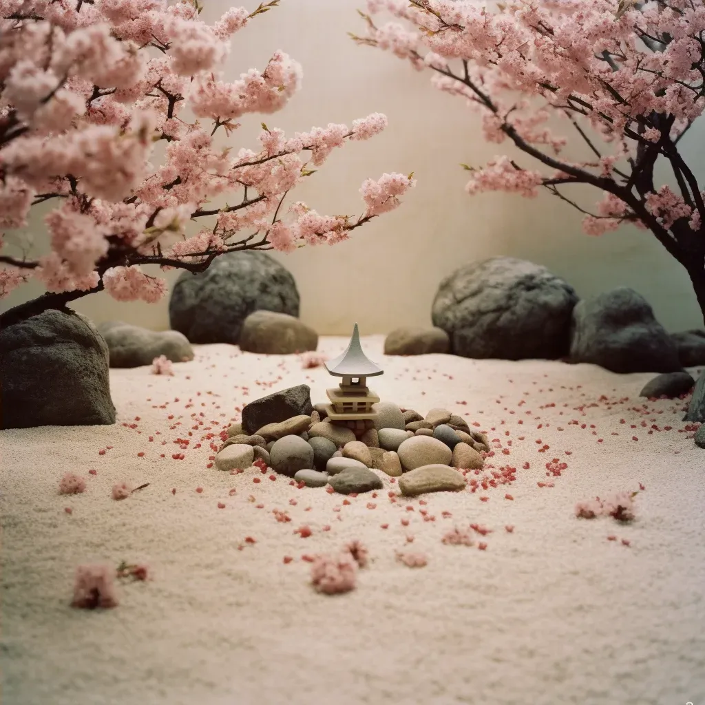 Tranquil Zen Garden with Stone Pagoda and Cherry Blossom Petals