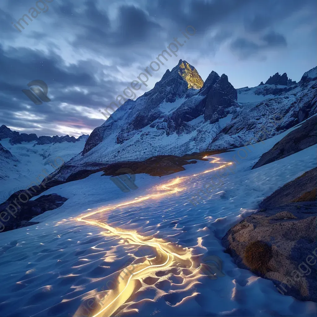 Snowy mountain peak light painting with glowing trails in icy landscape - Image 1