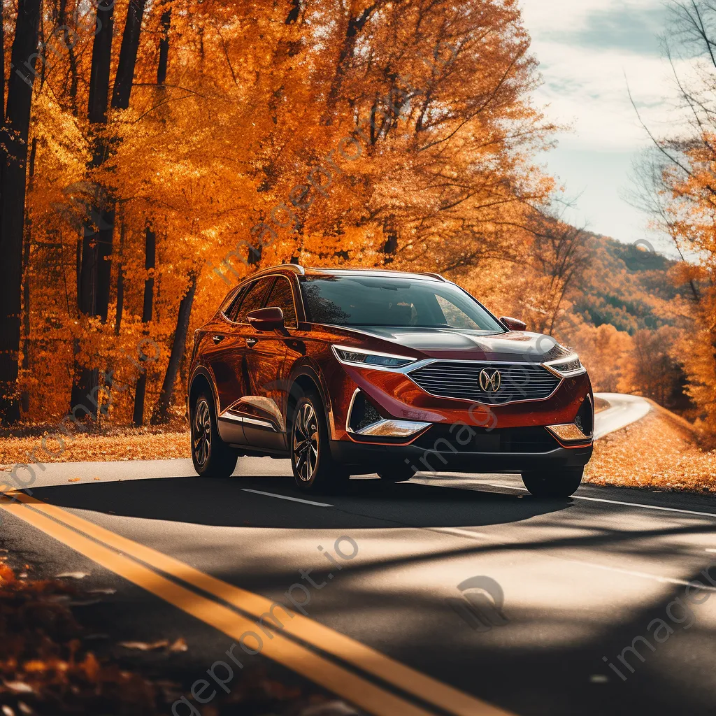 SUV driving through an autumn landscape with colorful leaves - Image 1