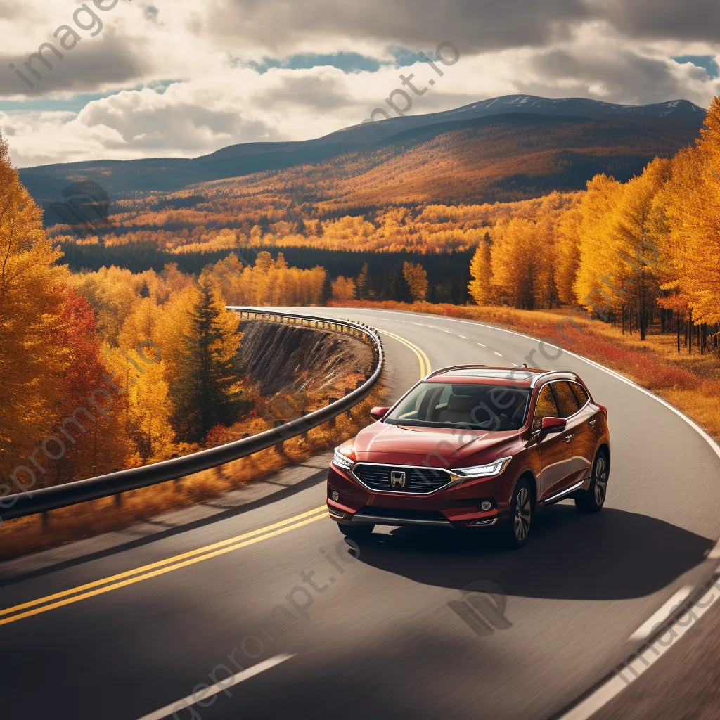 SUV driving through an autumn landscape with colorful leaves - Image 4