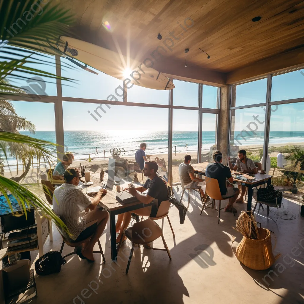 Young professionals networking in a coastal co-working space - Image 1