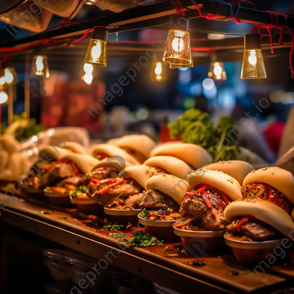 Display of bao buns filled with assorted fillings at a market stall. - Image 3