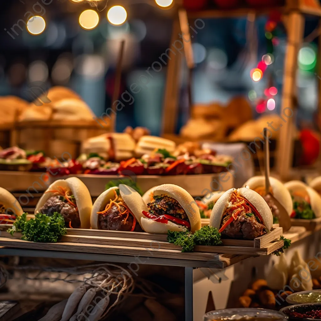 Display of bao buns filled with assorted fillings at a market stall. - Image 4