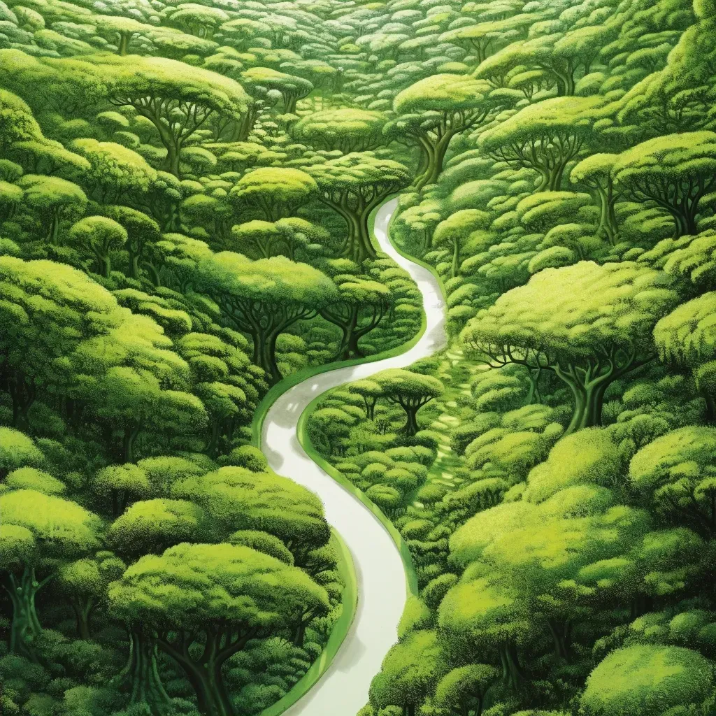 Winding Path Through Lush Forest for Self-Discovery