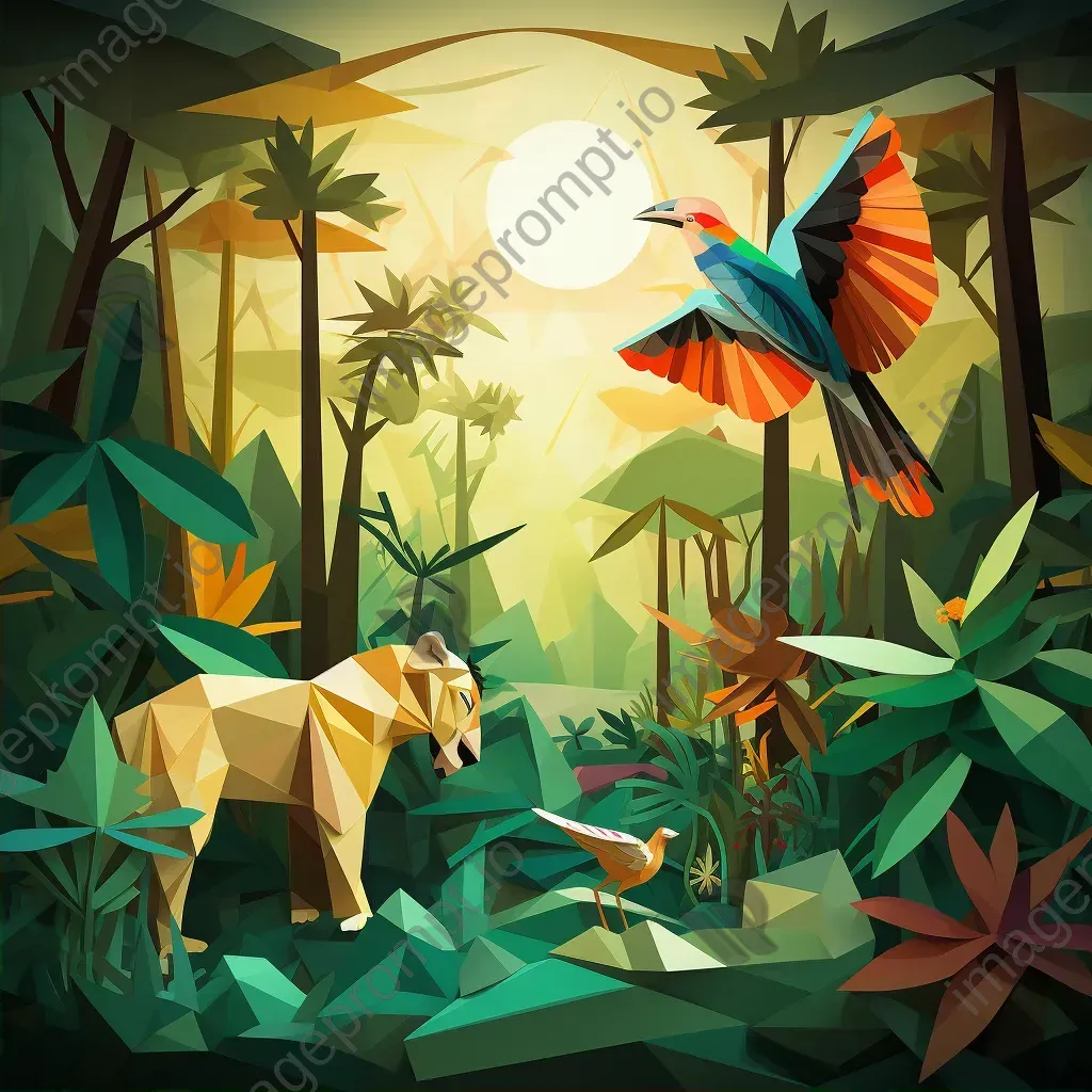 Low poly tropical jungle in vibrant greens with polygonal wild animals - Image 2