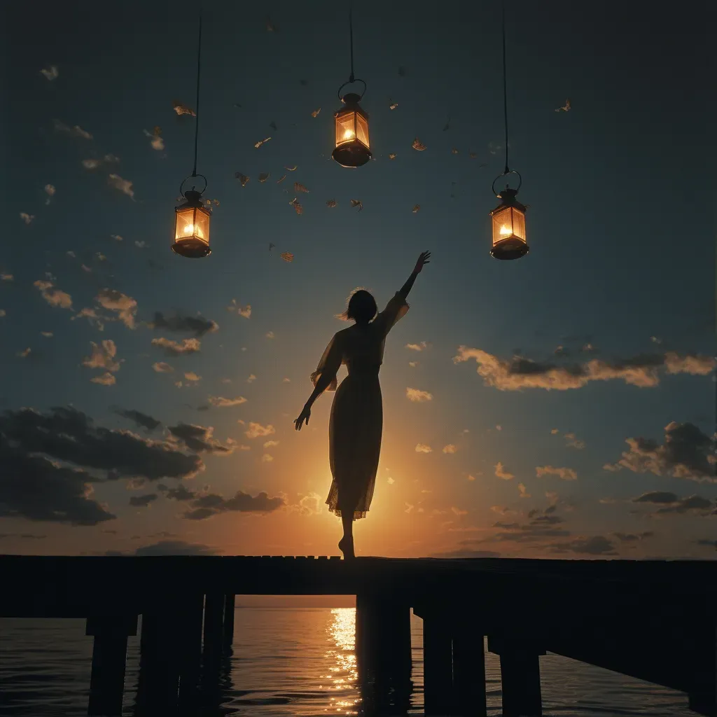 Woman on bridge releasing paper lantern into evening sky - Image 1