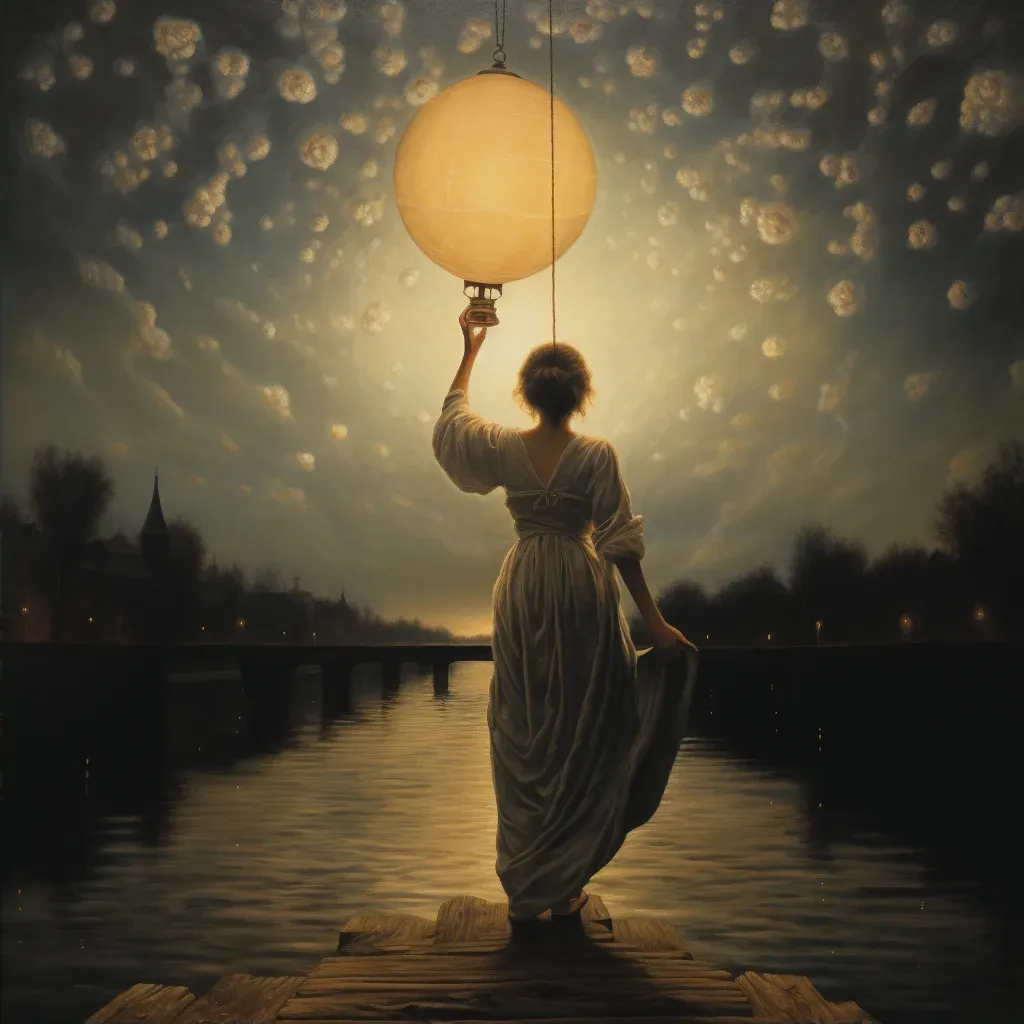 Woman on bridge releasing paper lantern into evening sky - Image 2