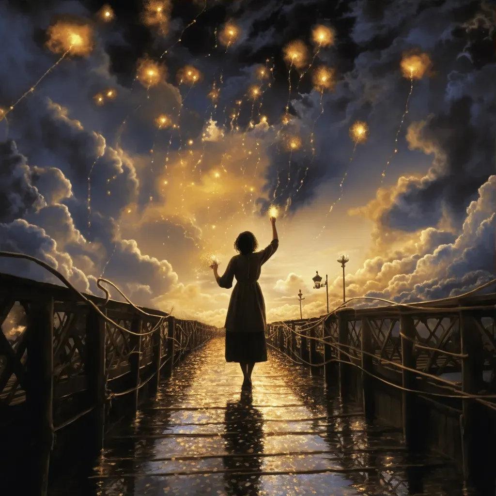 Woman Releasing Lantern on Bridge at Dusk