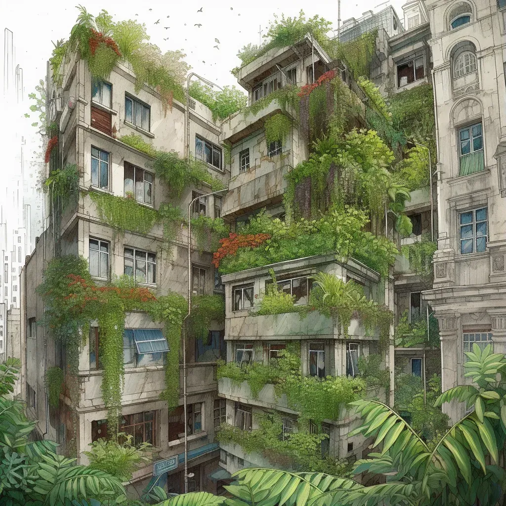 Image of a lush vertical garden on a city building with ferns and flowering plants - Image 1