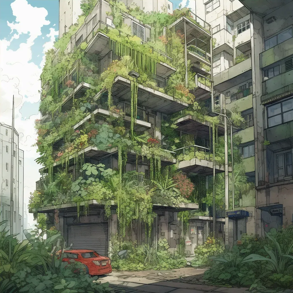 Image of a lush vertical garden on a city building with ferns and flowering plants - Image 4