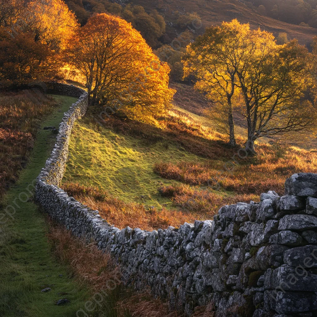 Dry stone wall surrounded by colorful autumn leaves on a hillside. - Image 2