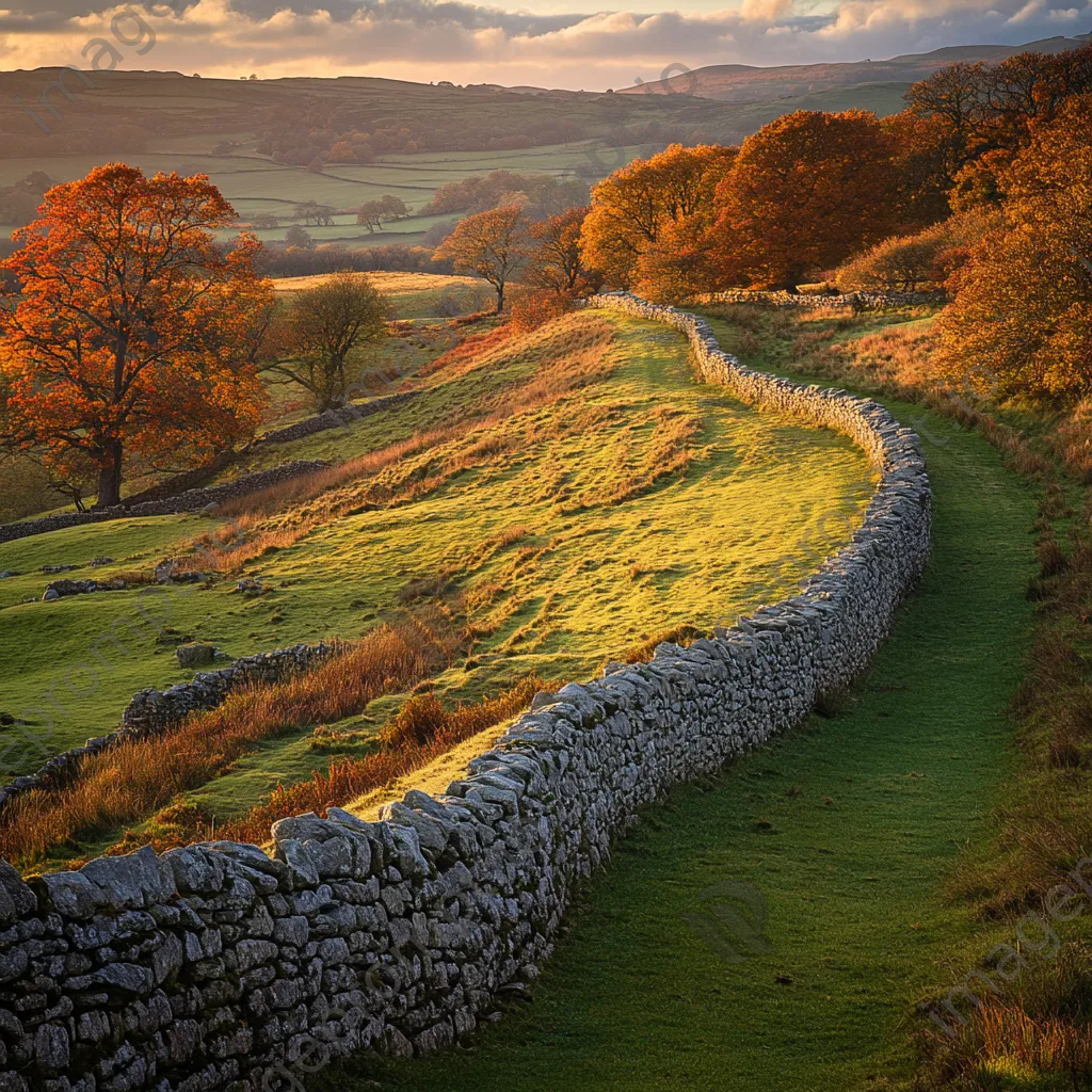 Dry stone wall surrounded by colorful autumn leaves on a hillside. - Image 3